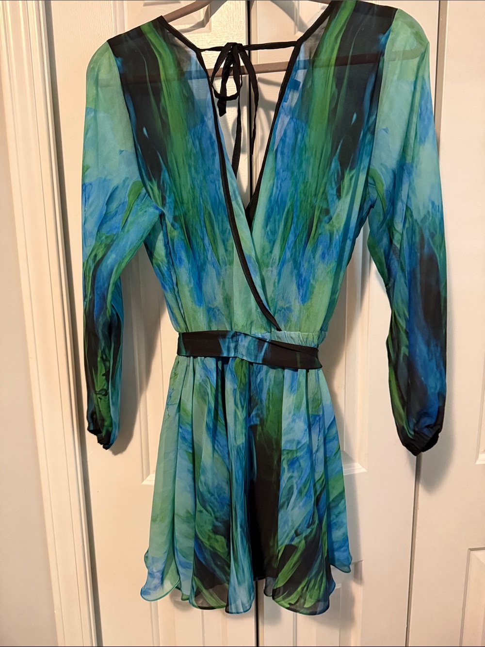 Dolcessa Sheer Blue-Green Wrap romper Dress with Black Trim - Picture 4 of 4